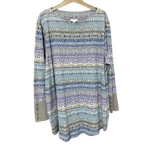 J. Jill Striped Fair Isle Floral Print Long Sleeve Cuff Button Top Women's 3X